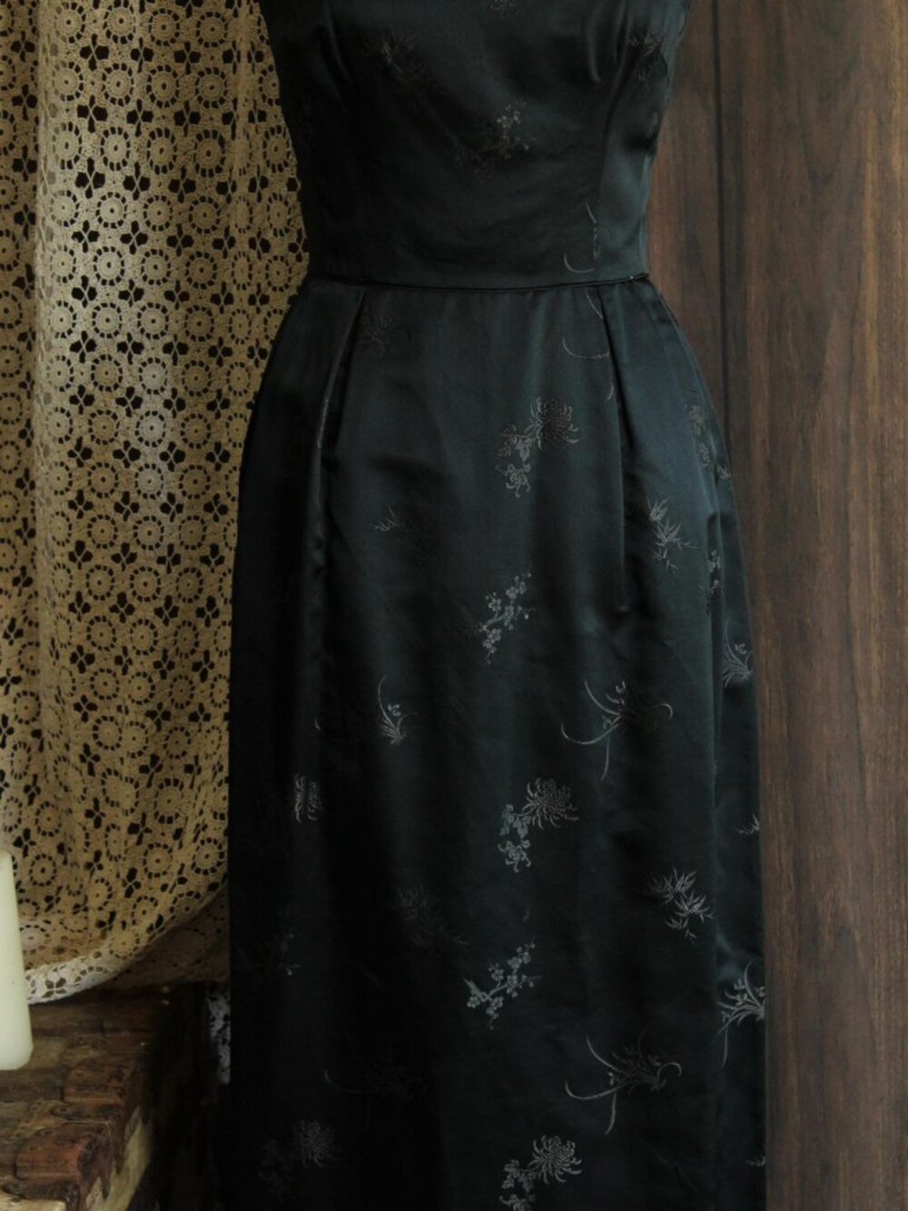 Vintage 1960s Dress, Black Satin Brocade Gown, Portrait Neckline Wiggle Style - Picture 11 of 13